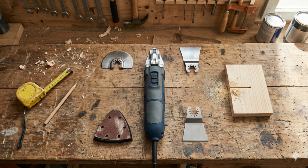 Multitool mit Sägeblatt, Schaber und Schleifplatte auf Werkbank