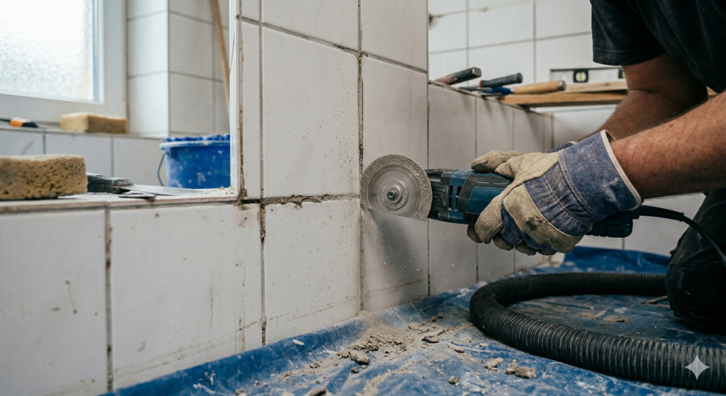 Multitool entfernt alte Fliesenfugen mit Diamantblatt bei Bad Renovierung