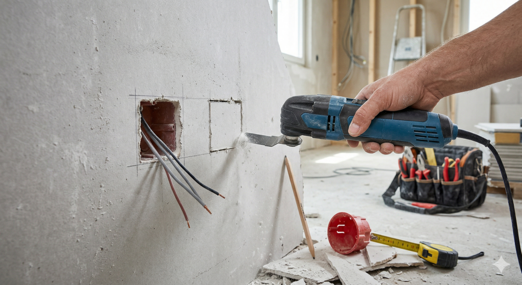 Multitool schneidet saubere Steckdosenöffnung in Gipskartonwand