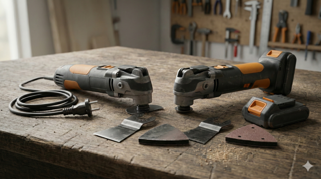 Multitool Kabel oder Akku im direkten Vergleich auf Werkbank – Oszillierer Kaufberatung 2026