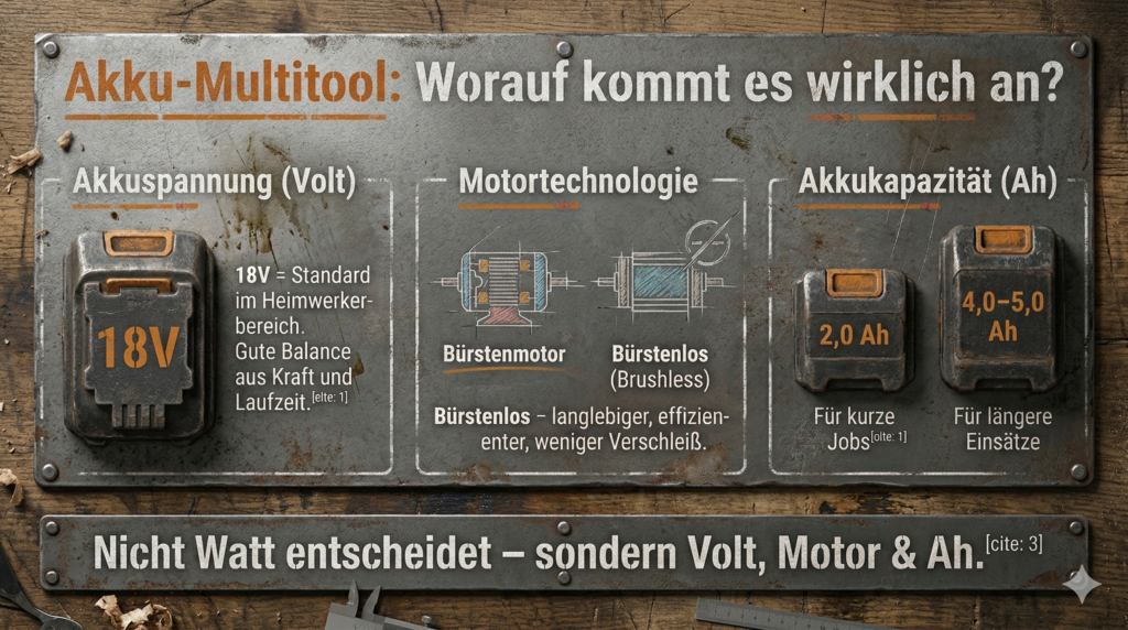 Infografik zu Akku-Multitool Kaufkriterien 2026: 18V, Bürstenloser Motor und 2,0 bis 5,0 Ah Akku