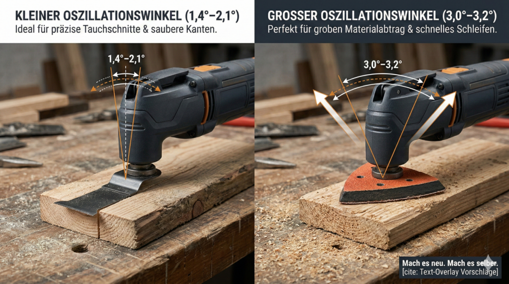 Multitool Oszillationswinkel Vergleich 1,4°–2,1° vs 3,0°–3,2° für präzise Schnitte und schnellen Materialabtrag