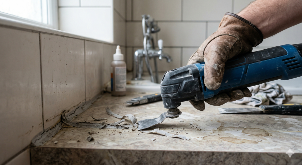 Multitool mit Schaber entfernt alte Silikonfuge bei Renovierung