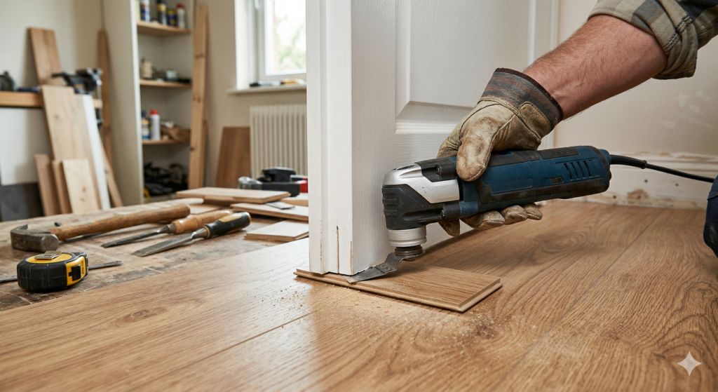 Multitool schneidet Türzarge flach mit Laminat Abstandshalter für passgenauen Boden