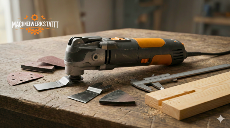 Multitool kaufen 2026: Oszillierer mit Akku, Kabel und Zubehör auf Werkbank