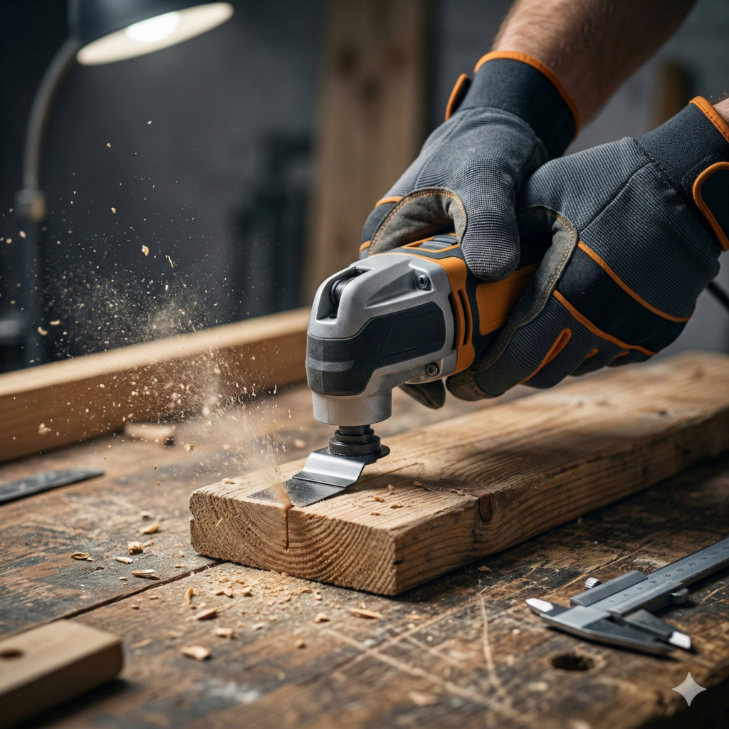 Multitool kaufen 2026: Quadratische Detailaufnahme einer Hand mit Oszillierer-Multitool beim Tauchschnitt in Holz auf einer Werkbank.