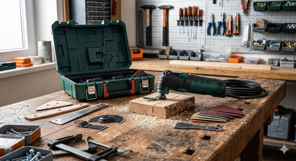 Parkside PMFW 310 H5 Multitool mit Zubehörkoffer auf Werkbank im Vergleich