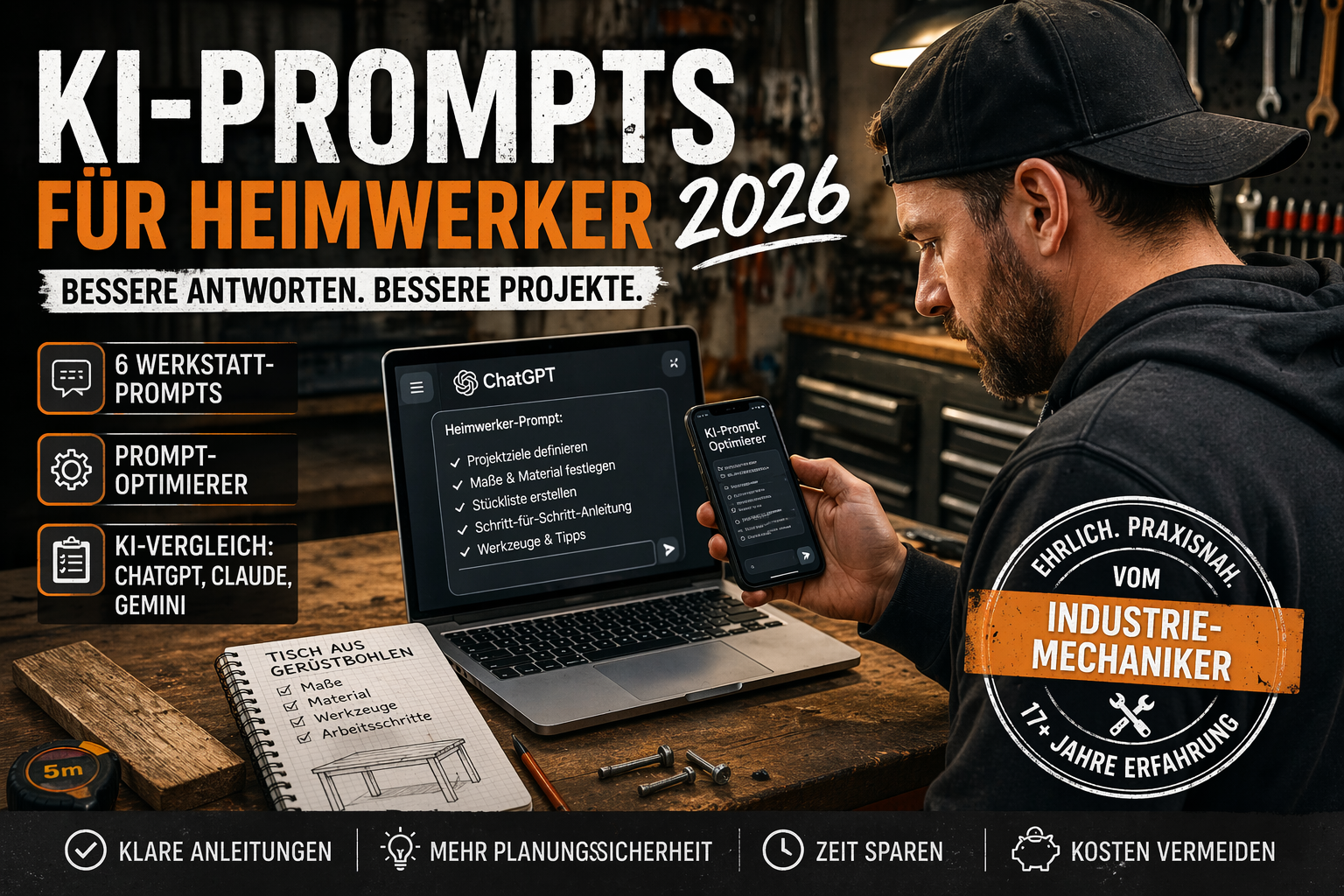 KI-Prompts für Heimwerker: Ein Heimwerker nutzt ChatGPT, Prompt-Optimierer und Werkstatt-Notizen, um Projekte präziser zu planen und bessere DIY-Antworten zu erhalten.
