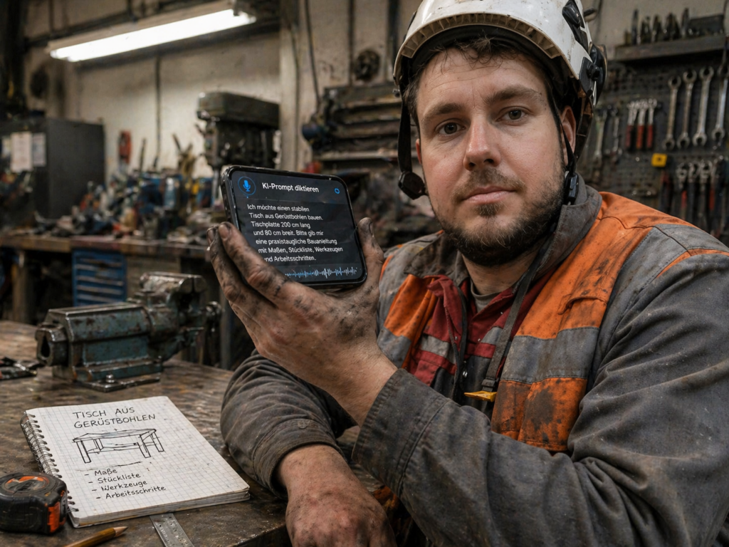 Ein fotorealistisches Bild des Heimwerkers Markus, der mit schmutzigen, öligen Händen einen Prompt in sein Smartphone diktiert, während er an einer Werkbank in einer geschäftigen Werkstatt steht.