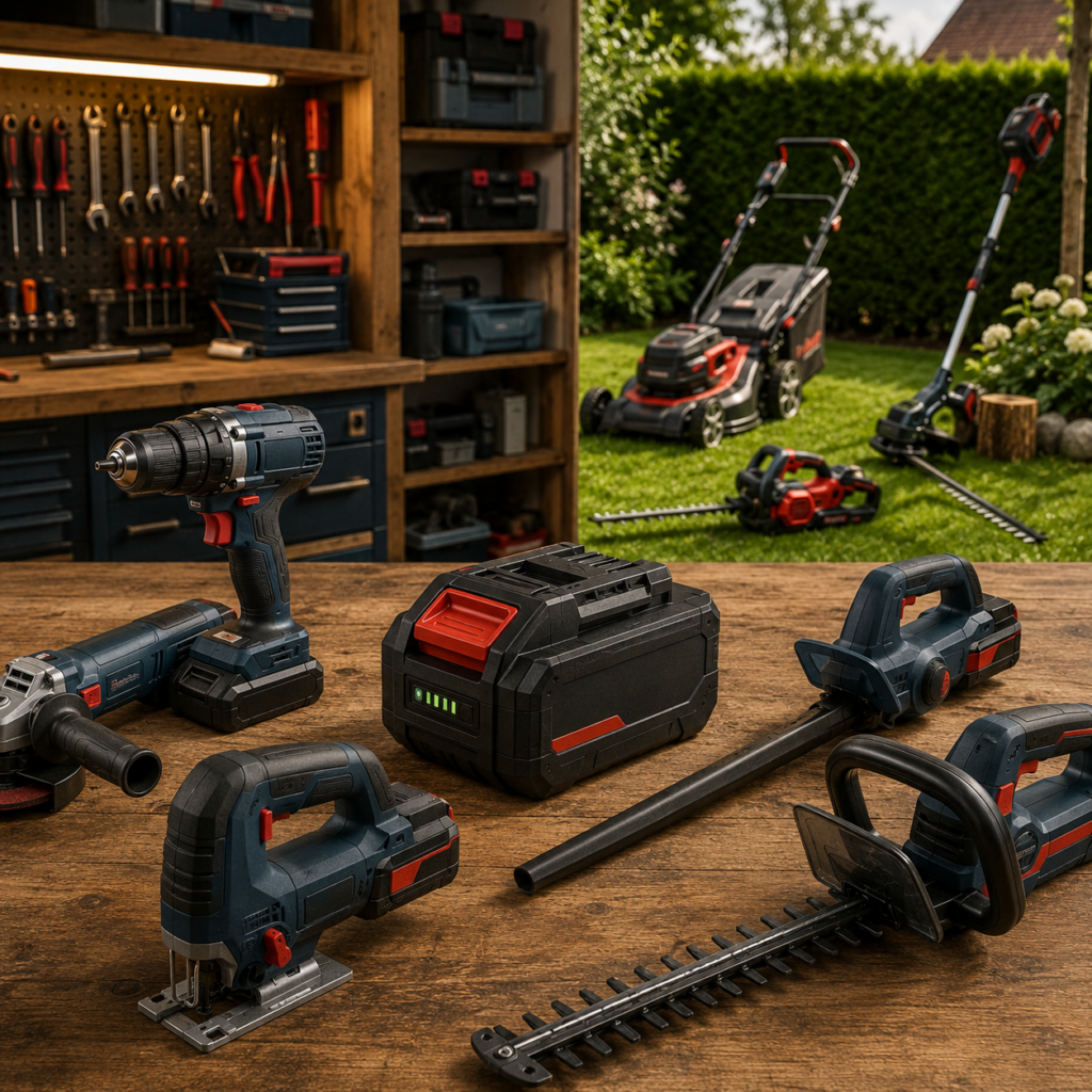Akku-System für Garten und Werkstatt mit Wechselakku, Werkzeugen und Gartengeräten