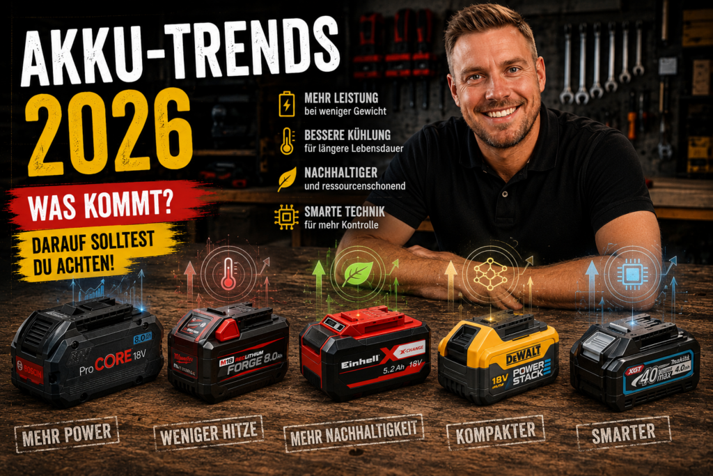 Akku-Trends 2026: Markus mit fünf Werkzeug-Akkus auf der Werkbank