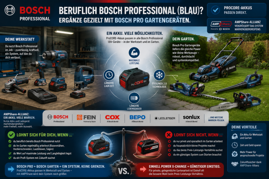 Bosch Professional ProCORE Akku-System mit blauen Werkzeugen und Gartengeräten für Werkstatt und Garten