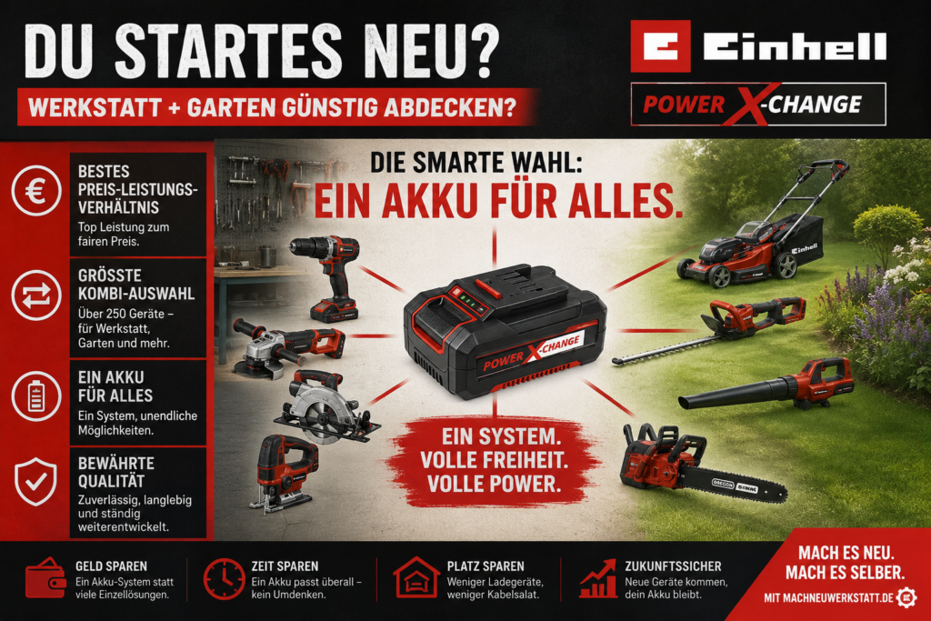 Einhell Power X-Change Akku-System für Werkstatt und Garten mit Akkuschrauber, Rasenmäher und Gartengeräten