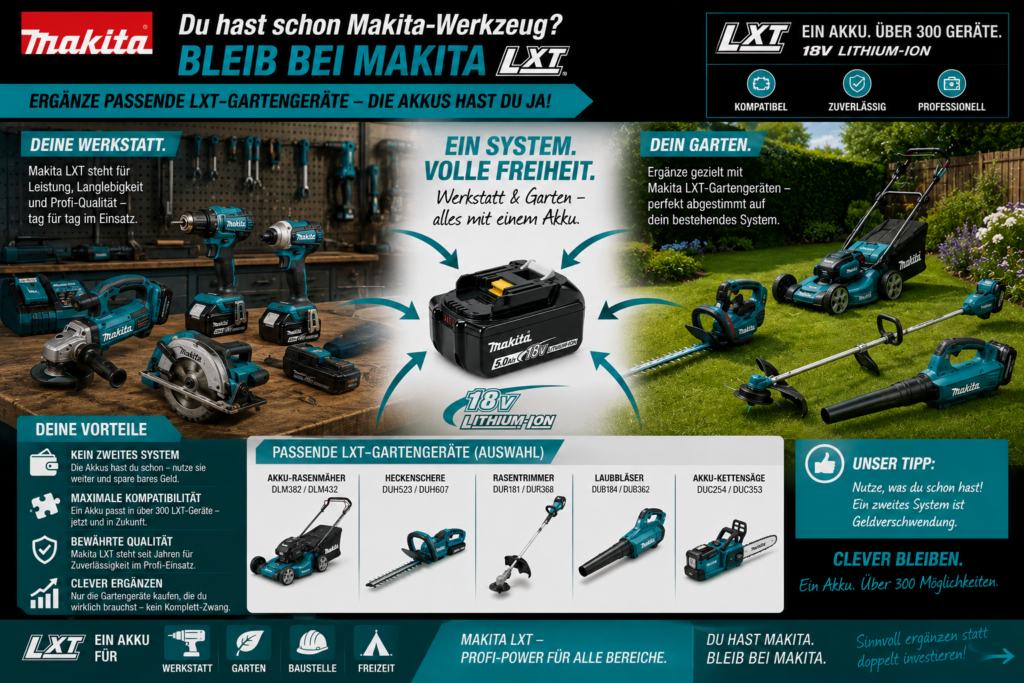 Makita LXT Akku-System mit Werkzeugen und Gartengeräten für Werkstatt und Garten