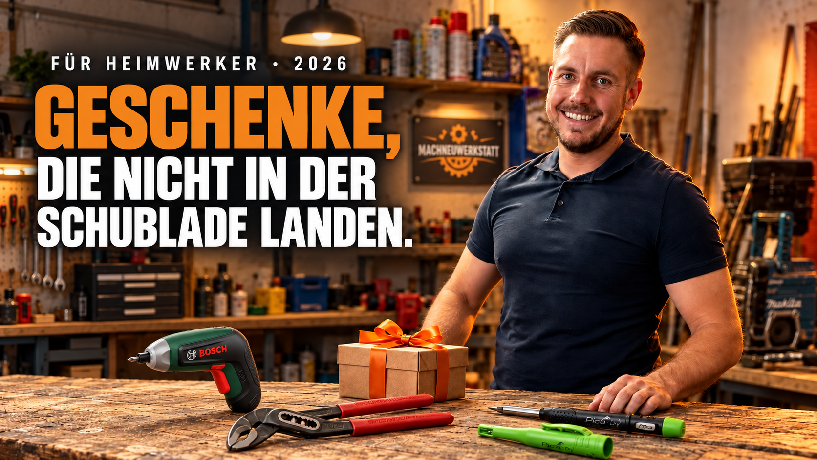 Markus von MachNeuWerkstatt hinter einer Werkbank mit Bosch IXO 8, Knipex Cobra, Pica Dry und Geschenkpaket.