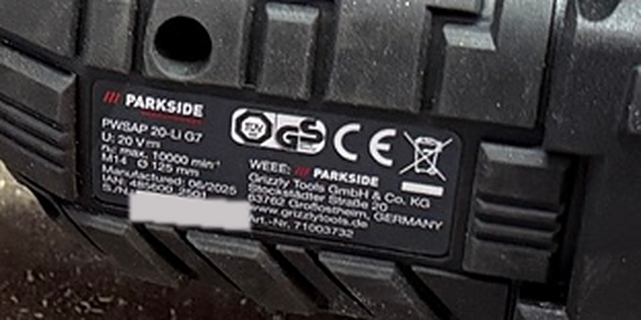 Typenschild der Parkside PWSAP 20-Li G7 mit 20 V, max. 10.000 min⁻¹, M14, Ø 125 mm und IAN 485600